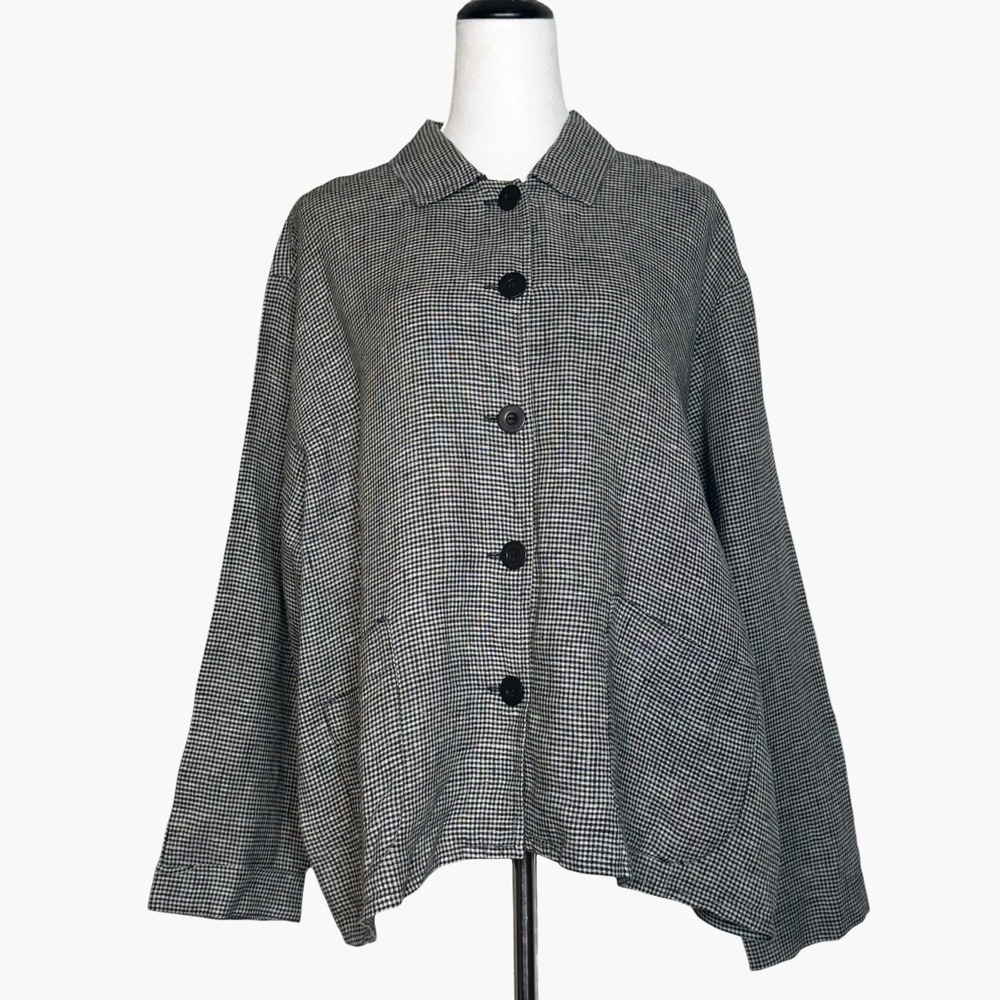 FLAX 100% Linen Jacket Button Blouse Tunic Sz L Check Black White Lagenlook Boho